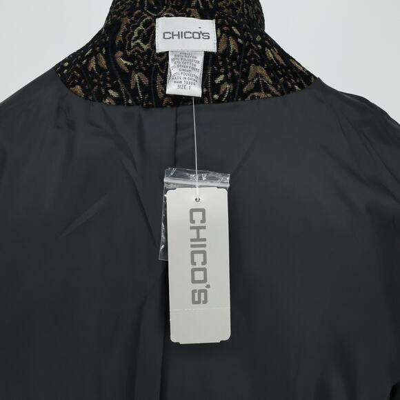 Chicos Jacket 1 Womens Medium 8 Black Gold Metallic Lined Burn out Brocade New - Picture 15 of 16